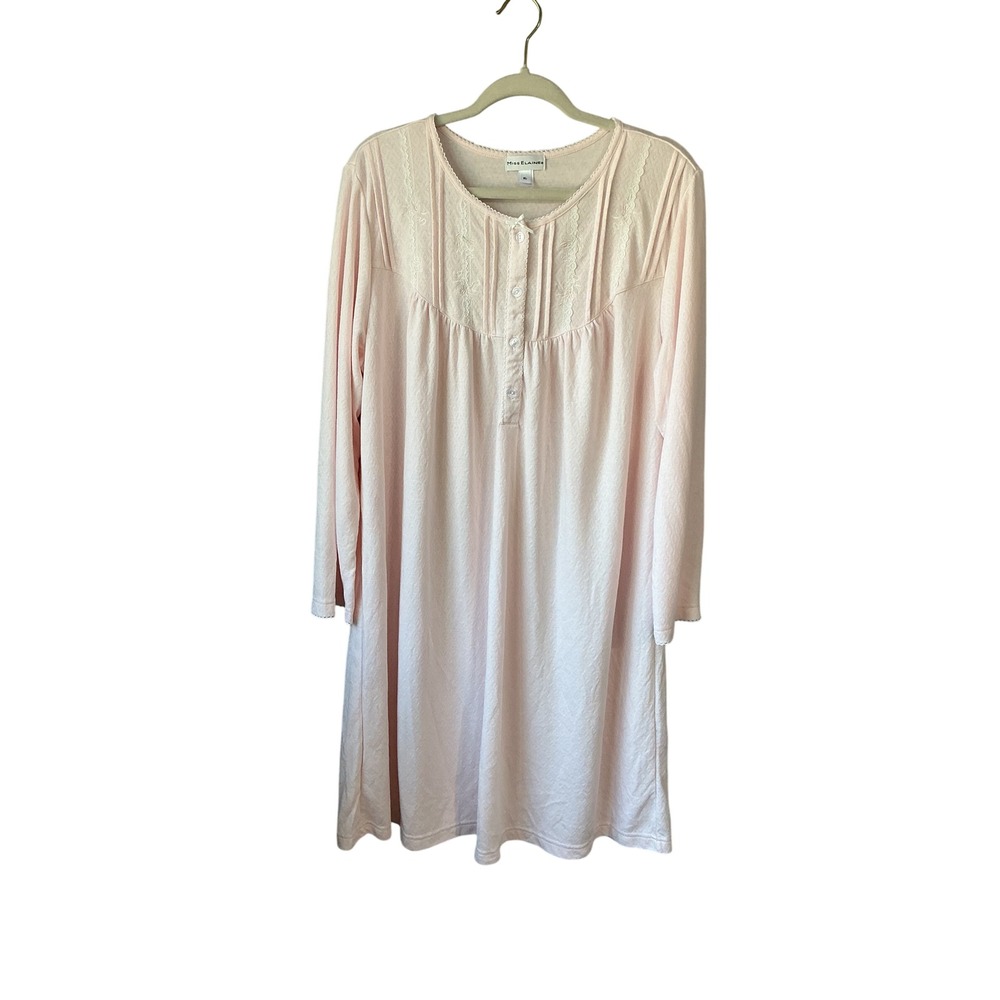 Miss Elaine Pink Pointelle Embroidered Lace Trim Long Sleeve Nightgown XL